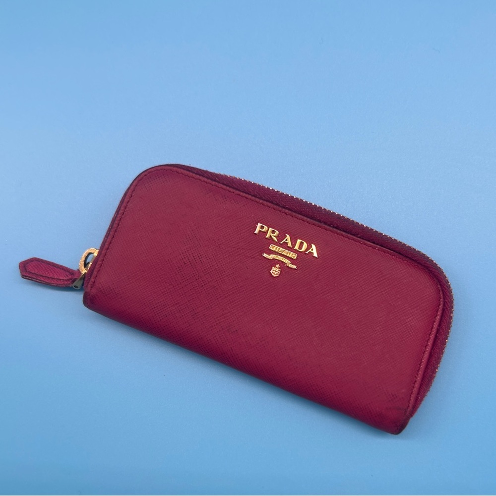 Prada saffiano leather zip key pouch in pink